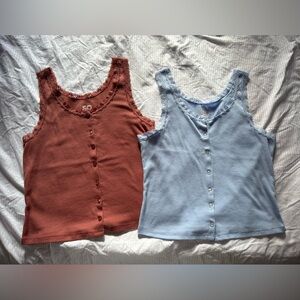 SO Lace Trim Button-Down Tank Top - Light Blue and Rust